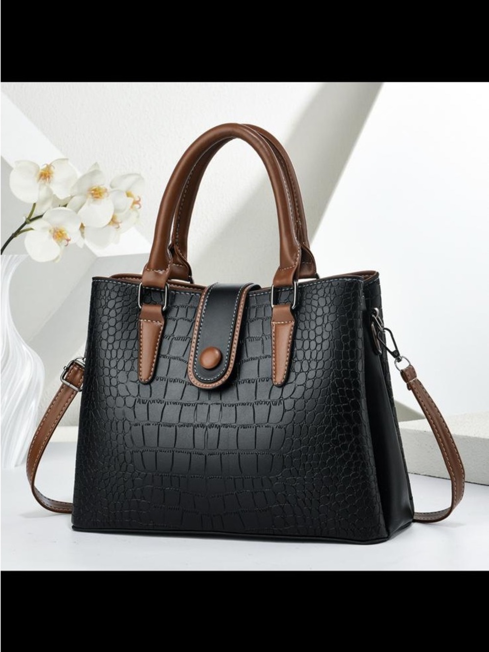 Black Croc-Texture Satchel Tote with Brown Handles